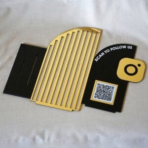 single qr scan stand for social media in black and gold