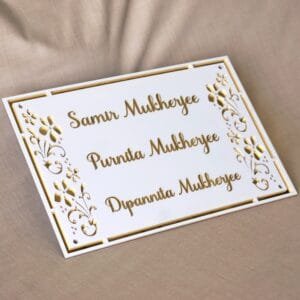 nameplate with floral design in white and gold, rectangle shape with 3 customizable names option