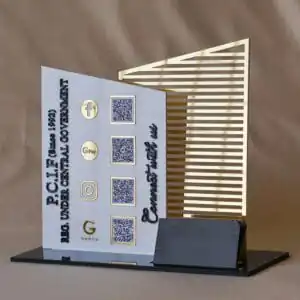 QR code stand with card holder and 4 qr code options with 3d embossed letters