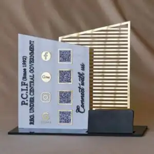 QR code stand with card holder and 4 qr code options with 3d embossed letters