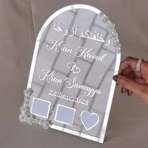 acrylic nikkah thumb plate in silver color with floral embellishments