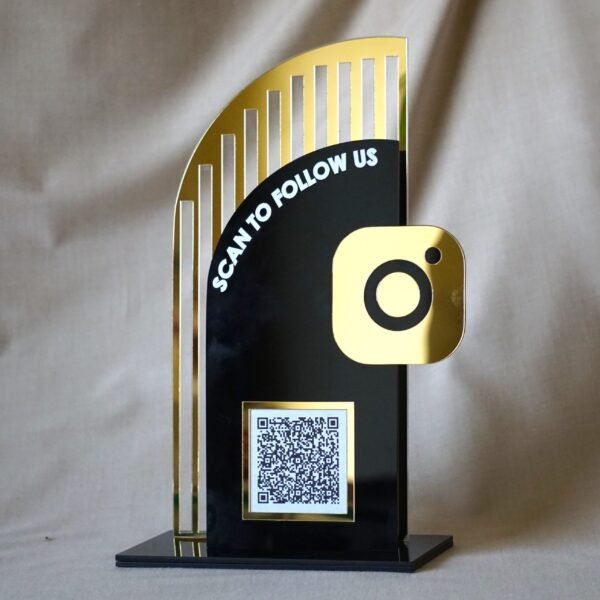 single qr scan stand for social media in black and gold