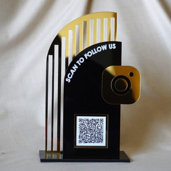 single qr scan stand for social media in black and gold