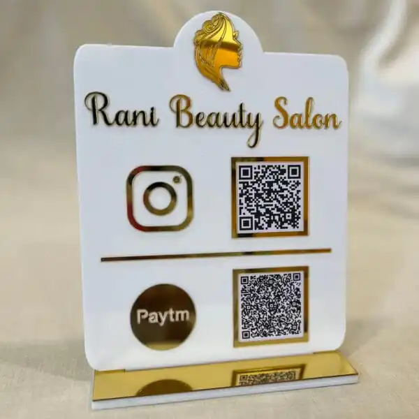 business scanner stand in white and gold with logo and 2 qr codes