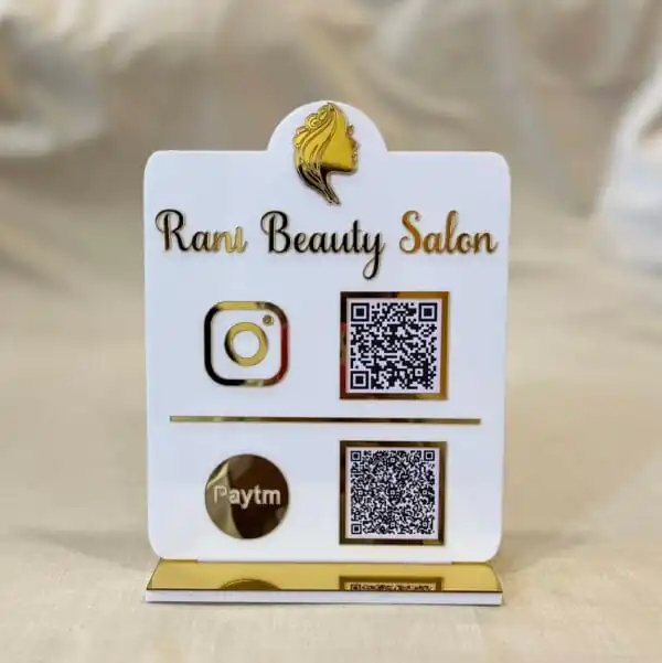 business scanner stand in white and gold with logo and 2 qr codes