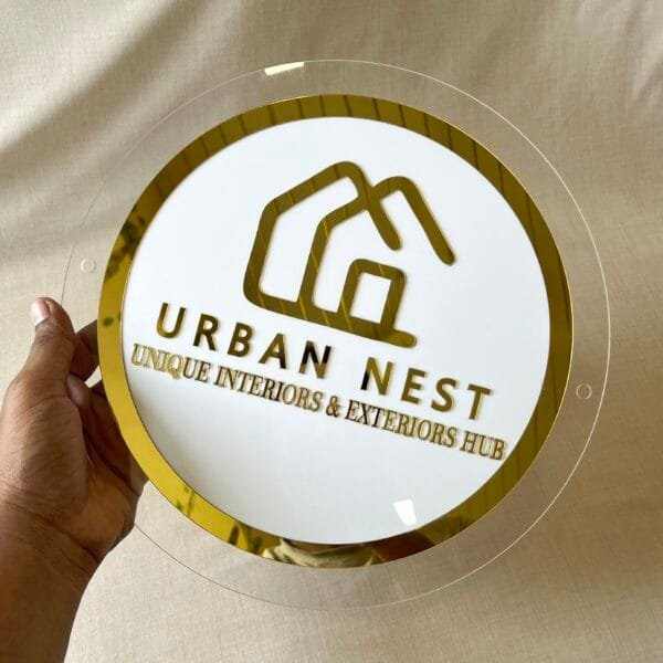 signage for business in white and golden color with transparent round border