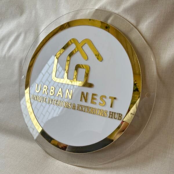 signage for business in white and golden color with transparent round border