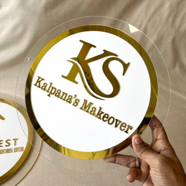 signage for business in white and golden color with transparent round border