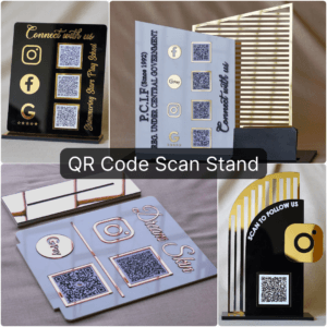 qr code scan stand collage photo