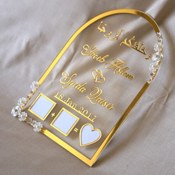 nikah thumb board in golden color with floral embellishments