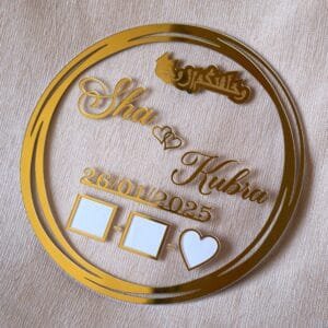 round nikah thumb plate for wedding ceremony made using golden and transparent acrylic sheets, the size of this product is 10 by 10 inches