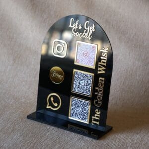 qr code display stand in black and golden for business fully customizable, 5 by 7 inches, payment and social media gateway.