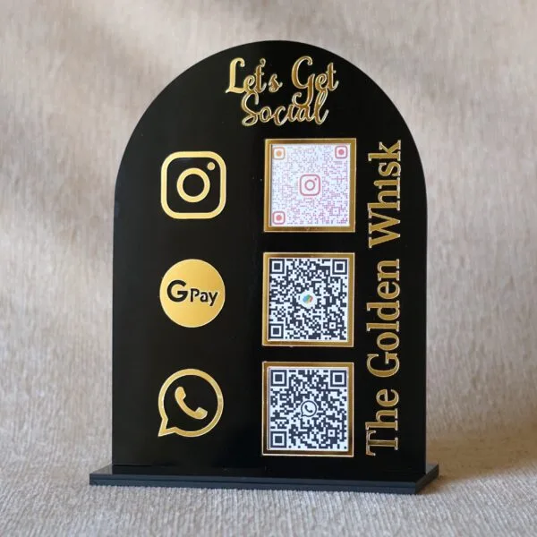 qr code display stand in black and golden for business fully customizable, 5 by 7 inches, payment and social media gateway.