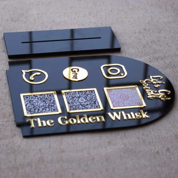 qr code display stand in black and golden for business fully customizable, 5 by 7 inches, payment and social media gateway.