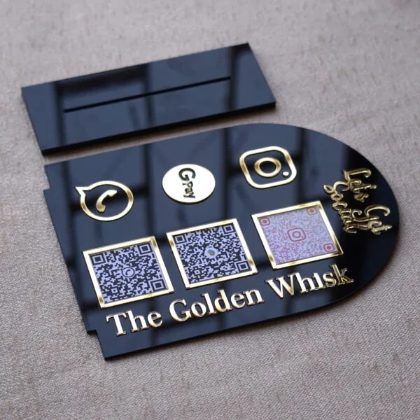 qr code display stand in black and golden for business fully customizable, 5 by 7 inches, payment and social media gateway.