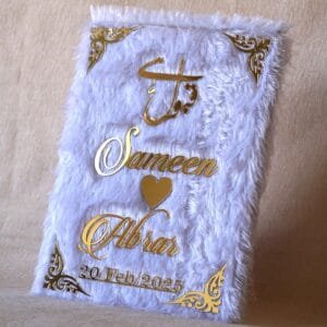 Nikah Nama White Fur in premium quality made using acrylic, fully customizable nikah nama for wedding ceremony