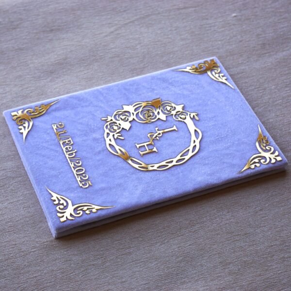 Elegant white and golden customized Nikah Nama booklet crafted from durable acrylic and MDF, perfect for your Nikah ceremony.