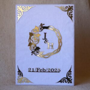 Elegant white and golden customized Nikah Nama booklet crafted from durable acrylic and MDF, perfect for your Nikah ceremony.