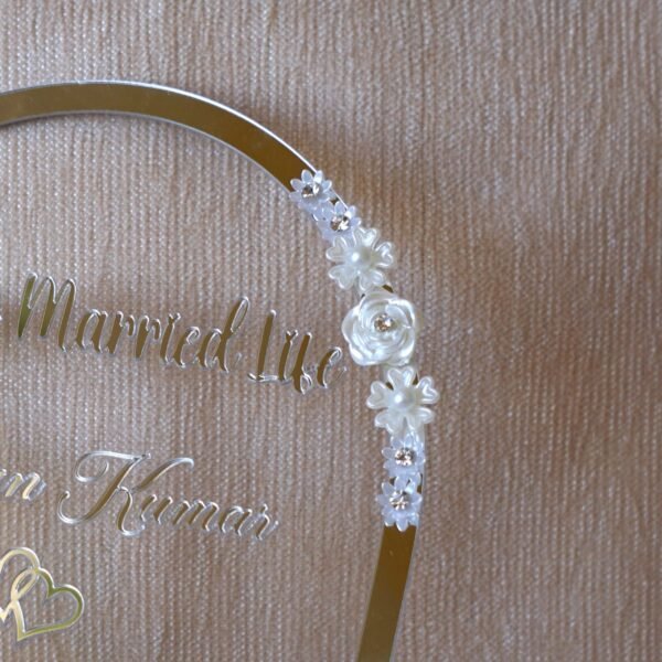 DSC07111 wedding thumb print frame in dome shape with floral embellishments and made with transparent and silver acrylic