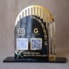 Acrylic QR stand with a golden grilled background for a premium look, this QR code stand is used for connecting with clients on social media and receiving payments seamlessly.