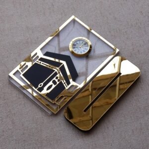 Islamic desk clock in Kaaba design, this product is made using acrylic, and this is used as a clock for an office desk, or it can be displayed on a shelf. It can be a perfect gift for Muslims.