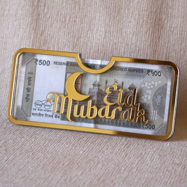 Personalized envelope made using acrylic for gifting eidi; it can also be used for storing money. Golden acrylic is used for borders and Arabic font.