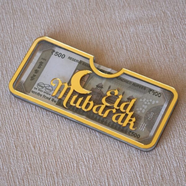 Personalized envelope made using acrylic for gifting eidi; it can also be used for storing money. Golden acrylic is used for borders and Arabic font.