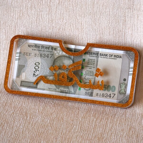 Sleek Haq Mahr envelope crafted from premium golden glitter acrylic, designed to present and hold up to 20 currency notes.