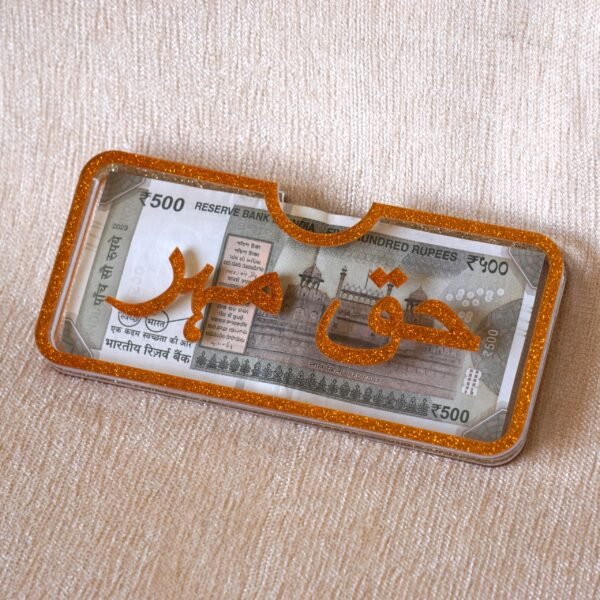 Sleek Haq Mahr envelope crafted from premium golden glitter acrylic, designed to present and hold up to 20 currency notes.