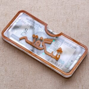 Sleek Haq Mahr envelope crafted from premium golden glitter acrylic, designed to present and hold up to 20 currency notes.