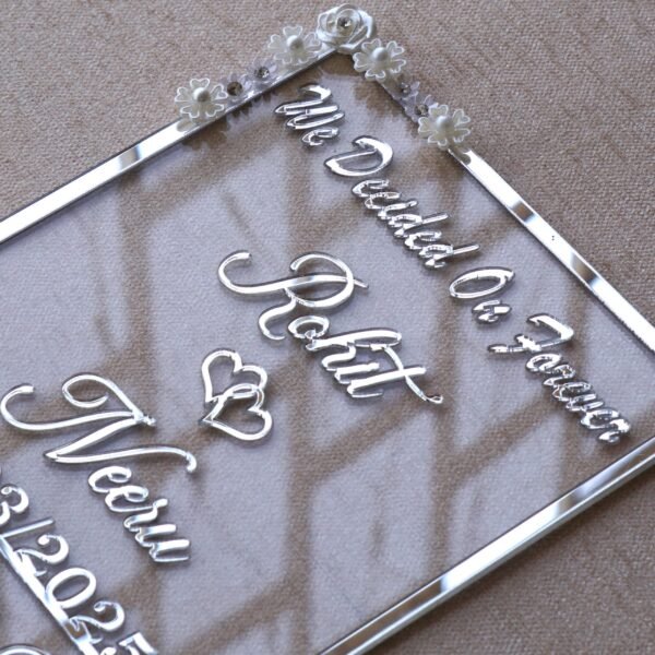 Transparent & silver acrylic personalized wedding thumbprint frame with floral corner embellishments, embossed bride and groom names and date, plus dedicated thumbprint spaces.