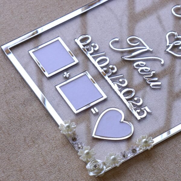 Transparent & silver acrylic personalized wedding thumbprint frame with floral corner embellishments, embossed bride and groom names and date, plus dedicated thumbprint spaces.