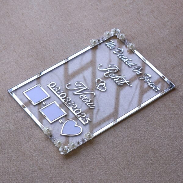 Transparent & silver acrylic personalized wedding thumbprint frame with floral corner embellishments, embossed bride and groom names and date, plus dedicated thumbprint spaces.