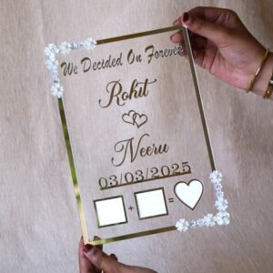 Transparent & silver acrylic personalized wedding thumbprint frame with floral corner embellishments, embossed bride and groom names and date, plus dedicated thumbprint spaces.