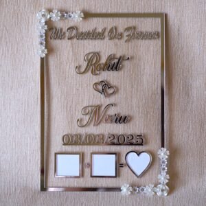Transparent & silver acrylic personalized wedding thumbprint frame with floral corner embellishments, embossed bride and groom names and date, plus dedicated thumbprint spaces.