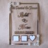 Transparent & silver acrylic personalized wedding thumbprint frame with floral corner embellishments, embossed bride and groom names and date, plus dedicated thumbprint spaces.