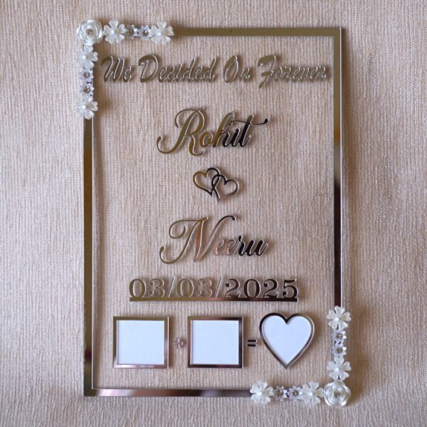 Transparent & silver acrylic personalized wedding thumbprint frame with floral corner embellishments, embossed bride and groom names and date, plus dedicated thumbprint spaces.
