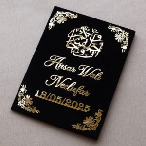 Black nikah nama made using black velvet, MDF, and acrylic cutouts; it can be a perfect wedding gift for couples. This can last forever; hence, it can be a perfect keepsake. Signing and thumbprinting this nikah nama can add a special moment to your wedding.