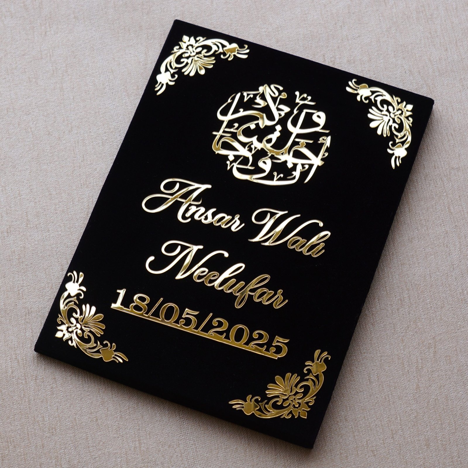 Black nikah nama made using black velvet, MDF, and acrylic cutouts; it can be a perfect wedding gift for couples. This can last forever; hence, it can be a perfect keepsake. Signing and thumbprinting this nikah nama can add a special moment to your wedding.