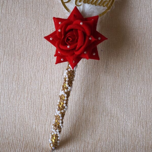 "Customizable Nikah pen adorned with feathers, decorative lace, a rose, and a personalized acrylic name cutout—ideal for signing the Nikah Nama.