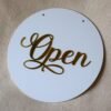 Round 10x10 inch open closed signboard for shop, office, or business, made of durable acrylic in golden and white for a premium look.