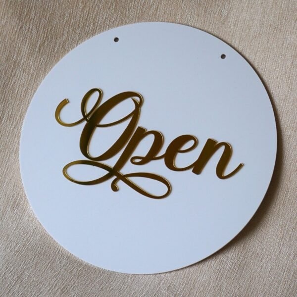 Round 10x10 inch open closed signboard for shop, office, or business, made of durable acrylic in golden and white for a premium look.