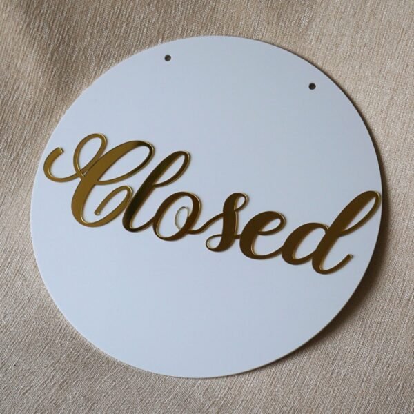 Round 10x10 inch open closed signboard for shop, office, or business, made of durable acrylic in golden and white for a premium look.