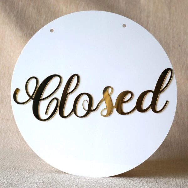 Round 10x10 inch open closed signboard for shop, office, or business, made of durable acrylic in golden and white for a premium look.