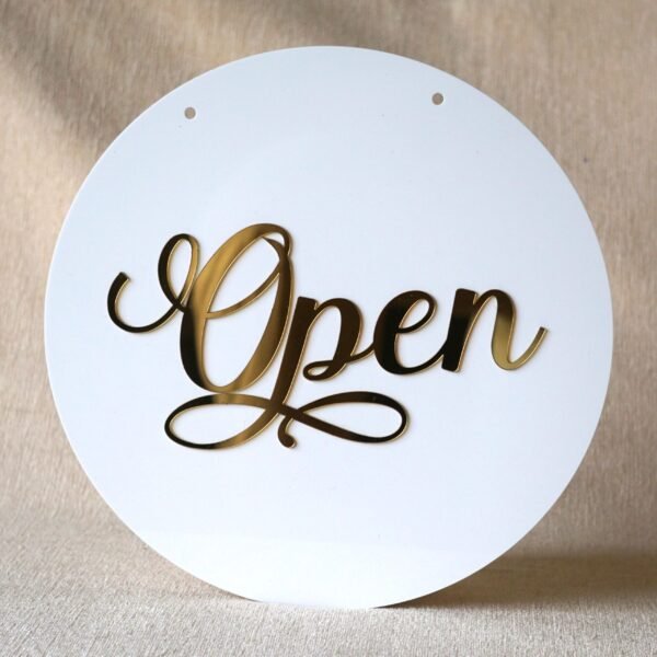 Round 10x10 inch open closed signboard for shop, office, or business, made of durable acrylic in golden and white for a premium look.