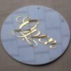 Round 10x10 inch open closed signboard for shop, office, or business, made of durable acrylic in golden and white for a premium look.