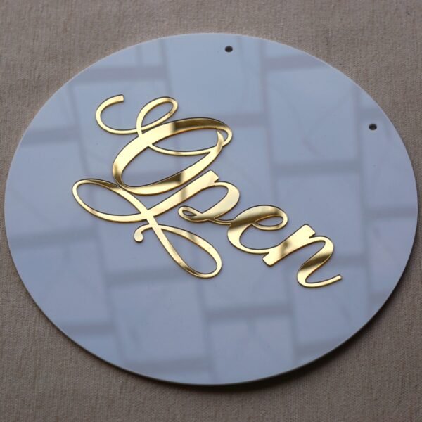 Round 10x10 inch open closed signboard for shop, office, or business, made of durable acrylic in golden and white for a premium look.