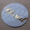 Round 10x10 inch open closed signboard for shop, office, or business, made of durable acrylic in golden and white for a premium look.