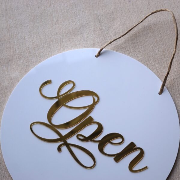Round 10x10 inch open closed signboard for shop, office, or business, made of durable acrylic in golden and white for a premium look.