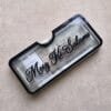 Right-angled shot of a custom name acrylic gift holder with 'Mozz Ki Salami', showing its glossy finish and modern design for salami.
